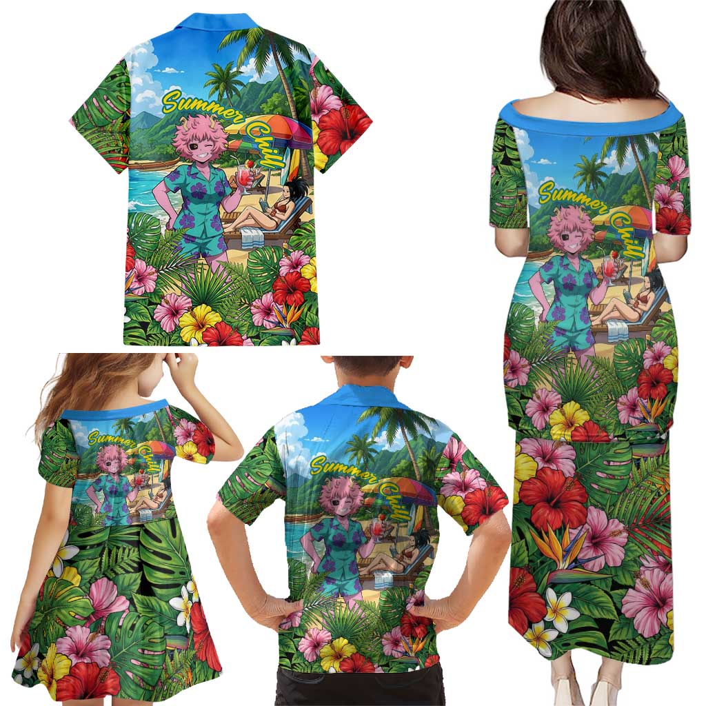 Mina Ashido Summer Chill Family Matching Puletasi and Hawaiian Shirt Tropical Anime Cocktail Vibes