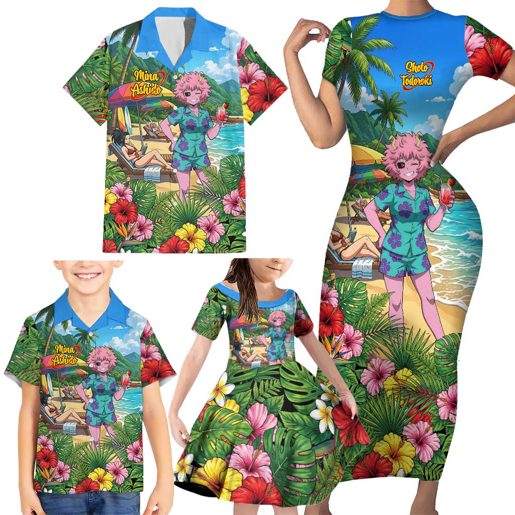 Mina Ashido Summer Chill Family Matching Short Sleeve Bodycon Dress and Hawaiian Shirt Tropical Anime Cocktail Vibes