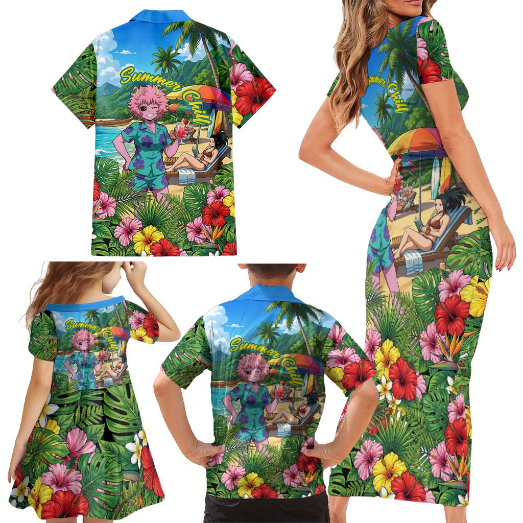 Mina Ashido Summer Chill Family Matching Short Sleeve Bodycon Dress and Hawaiian Shirt Tropical Anime Cocktail Vibes