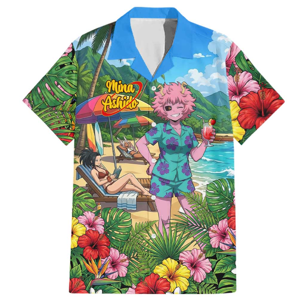 Mina Ashido Summer Chill Family Matching Short Sleeve Bodycon Dress and Hawaiian Shirt Tropical Anime Cocktail Vibes