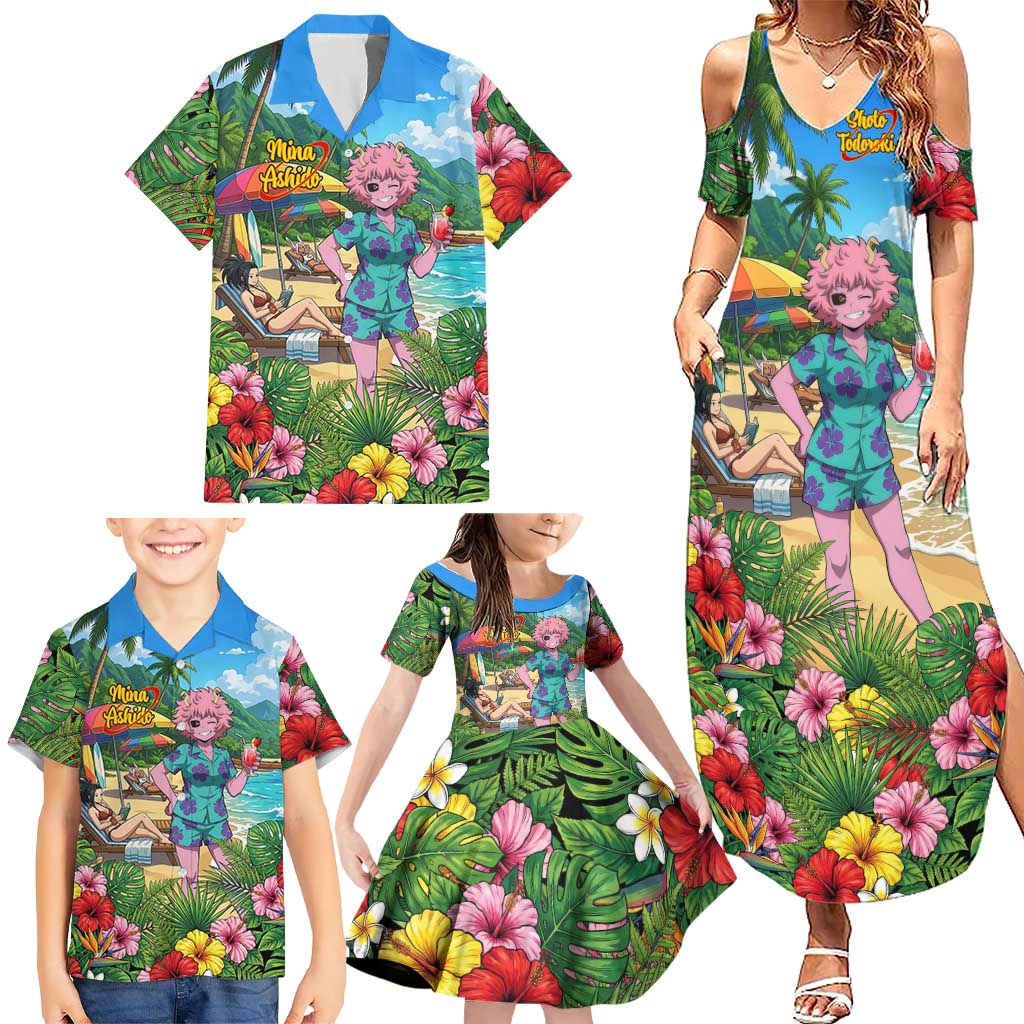 Mina Ashido Summer Chill Family Matching Summer Maxi Dress and Hawaiian Shirt Tropical Anime Cocktail Vibes