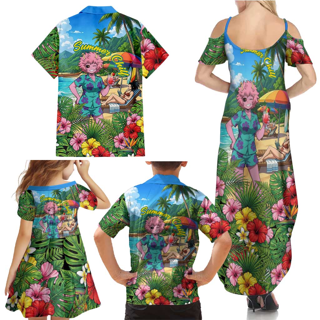 Mina Ashido Summer Chill Family Matching Summer Maxi Dress and Hawaiian Shirt Tropical Anime Cocktail Vibes