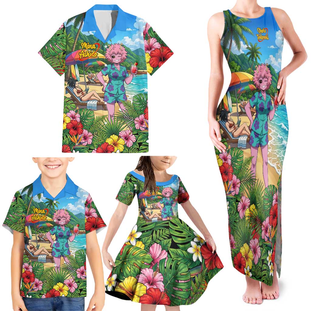 Mina Ashido Summer Chill Family Matching Tank Maxi Dress and Hawaiian Shirt Tropical Anime Cocktail Vibes