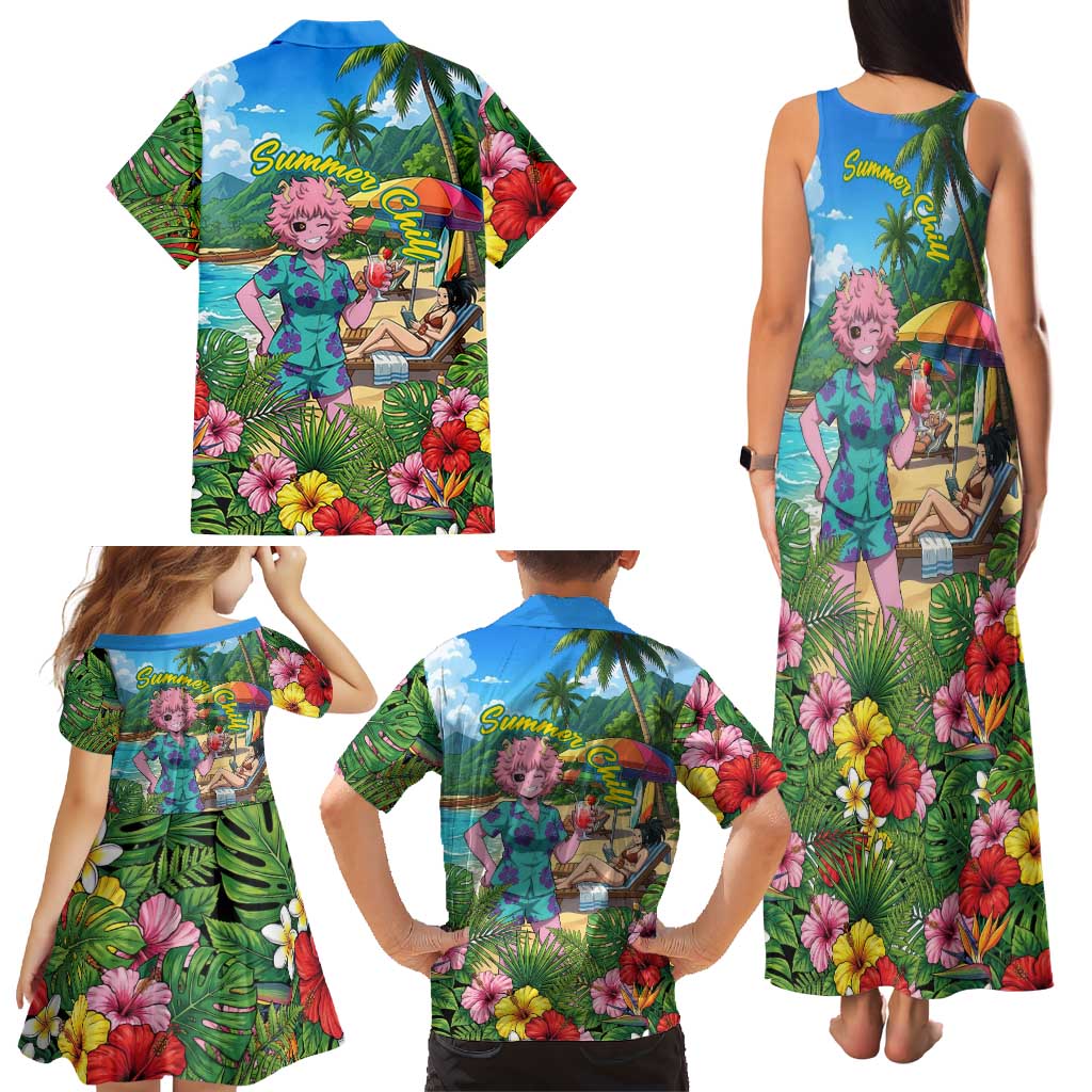 Mina Ashido Summer Chill Family Matching Tank Maxi Dress and Hawaiian Shirt Tropical Anime Cocktail Vibes