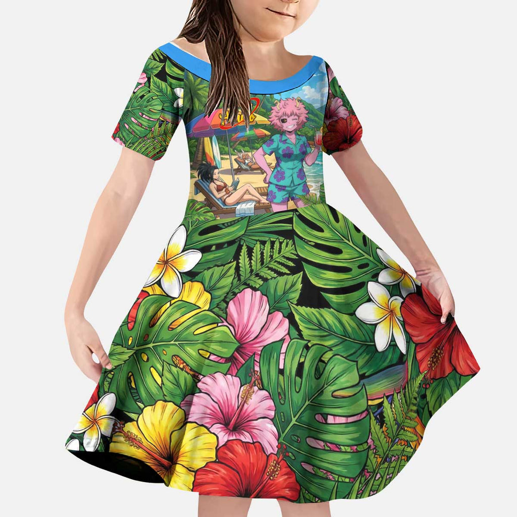 Mina Ashido Summer Chill Kid Short Sleeve Dress Tropical Anime Cocktail Vibes