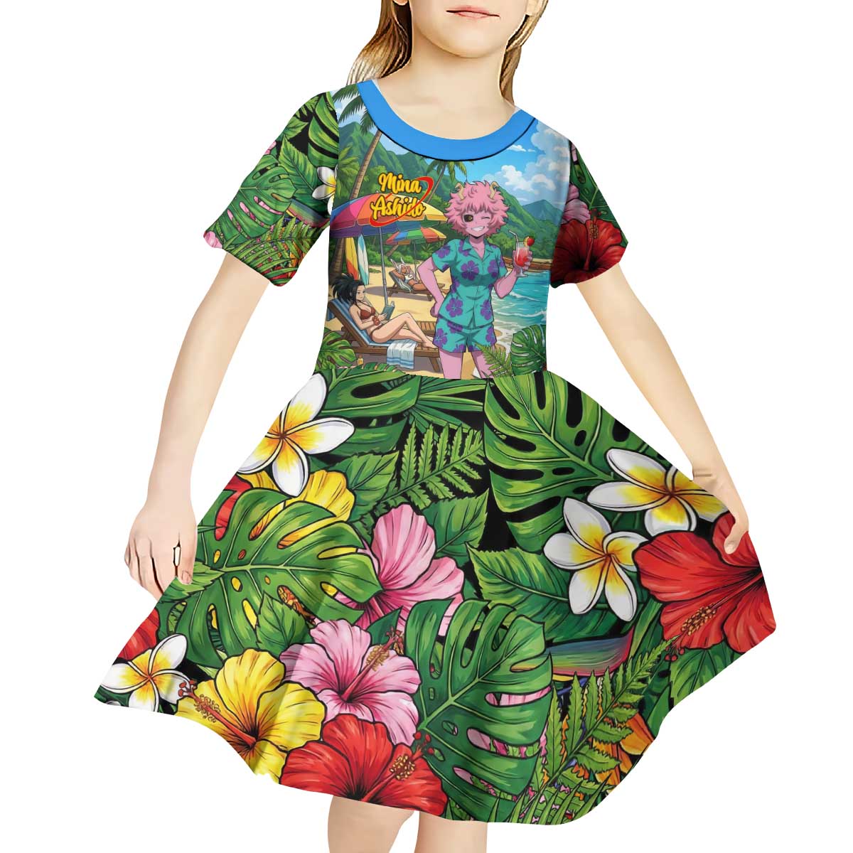 Mina Ashido Summer Chill Kid Short Sleeve Dress Tropical Anime Cocktail Vibes