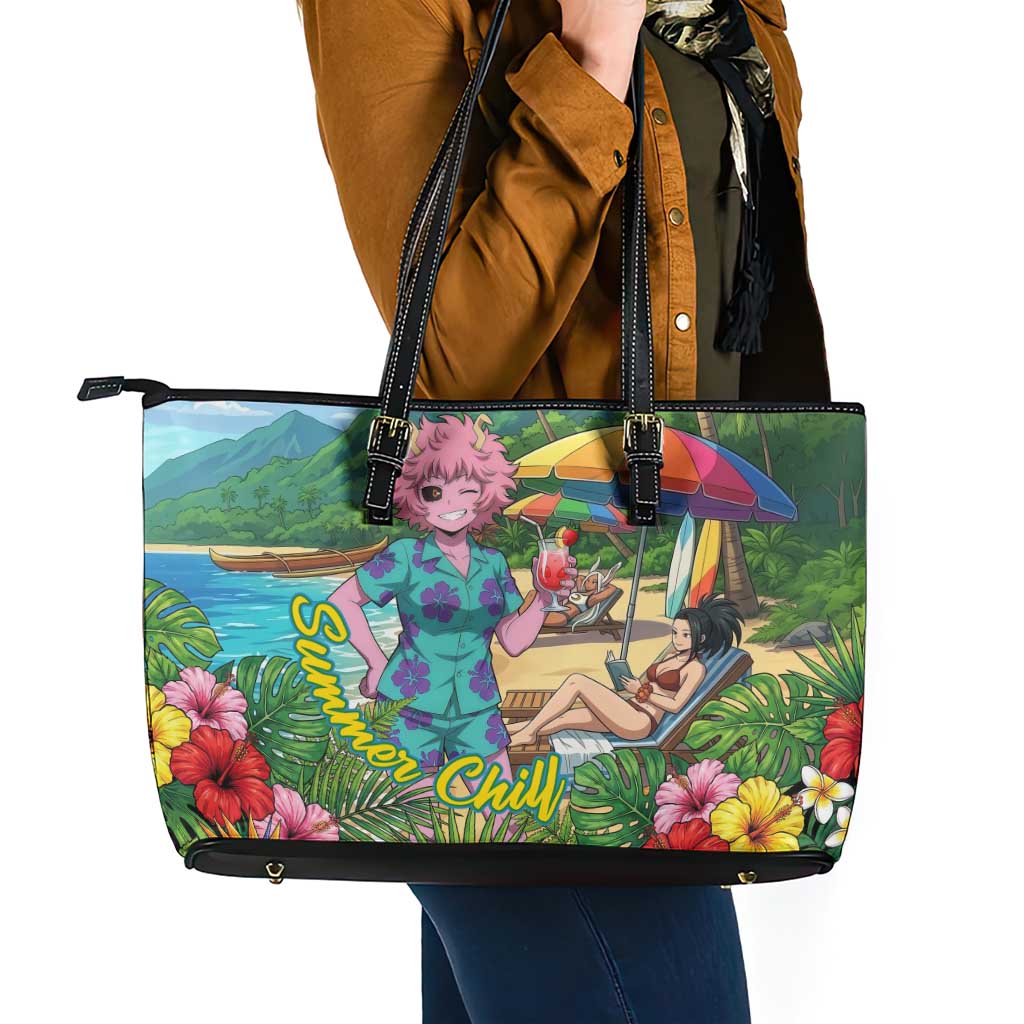 Mina Ashido Summer Chill Leather Tote Bag Tropical Anime Cocktail Vibes