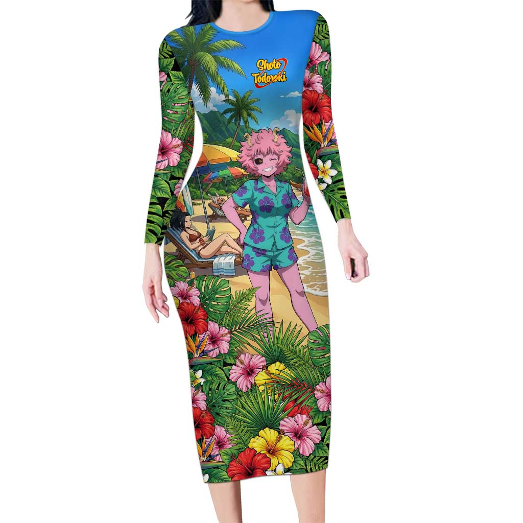 Mina Ashido Summer Chill Long Sleeve Bodycon Dress Tropical Anime Cocktail Vibes