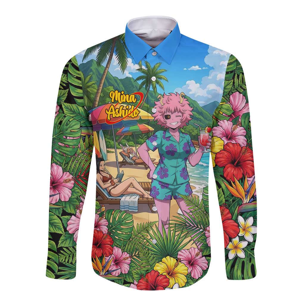 Mina Ashido Summer Chill Long Sleeve Button Shirt Tropical Anime Cocktail Vibes