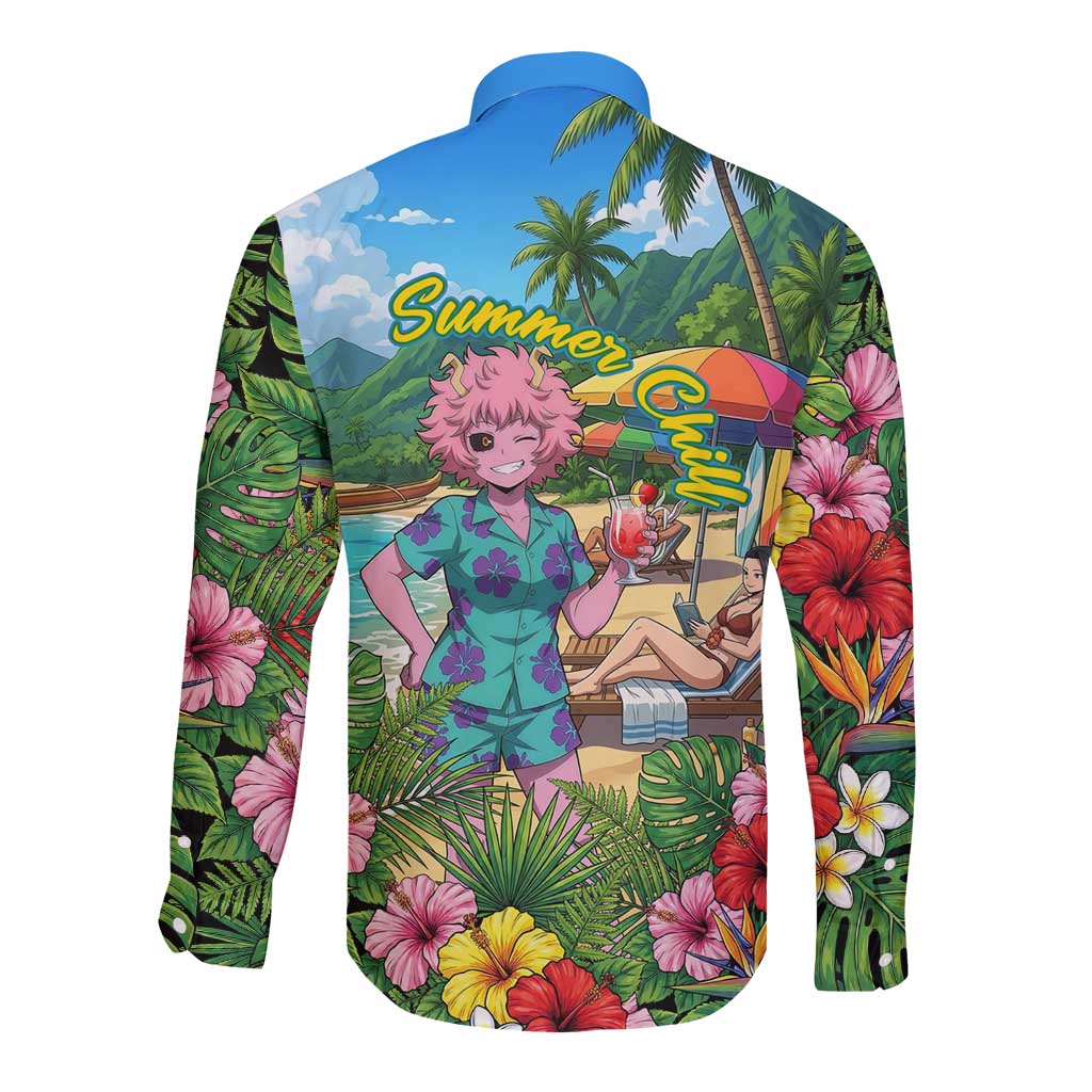Mina Ashido Summer Chill Long Sleeve Button Shirt Tropical Anime Cocktail Vibes