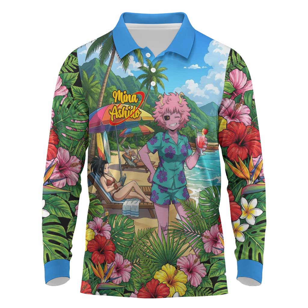 Mina Ashido Summer Chill Long Sleeve Polo Shirt Tropical Anime Cocktail Vibes