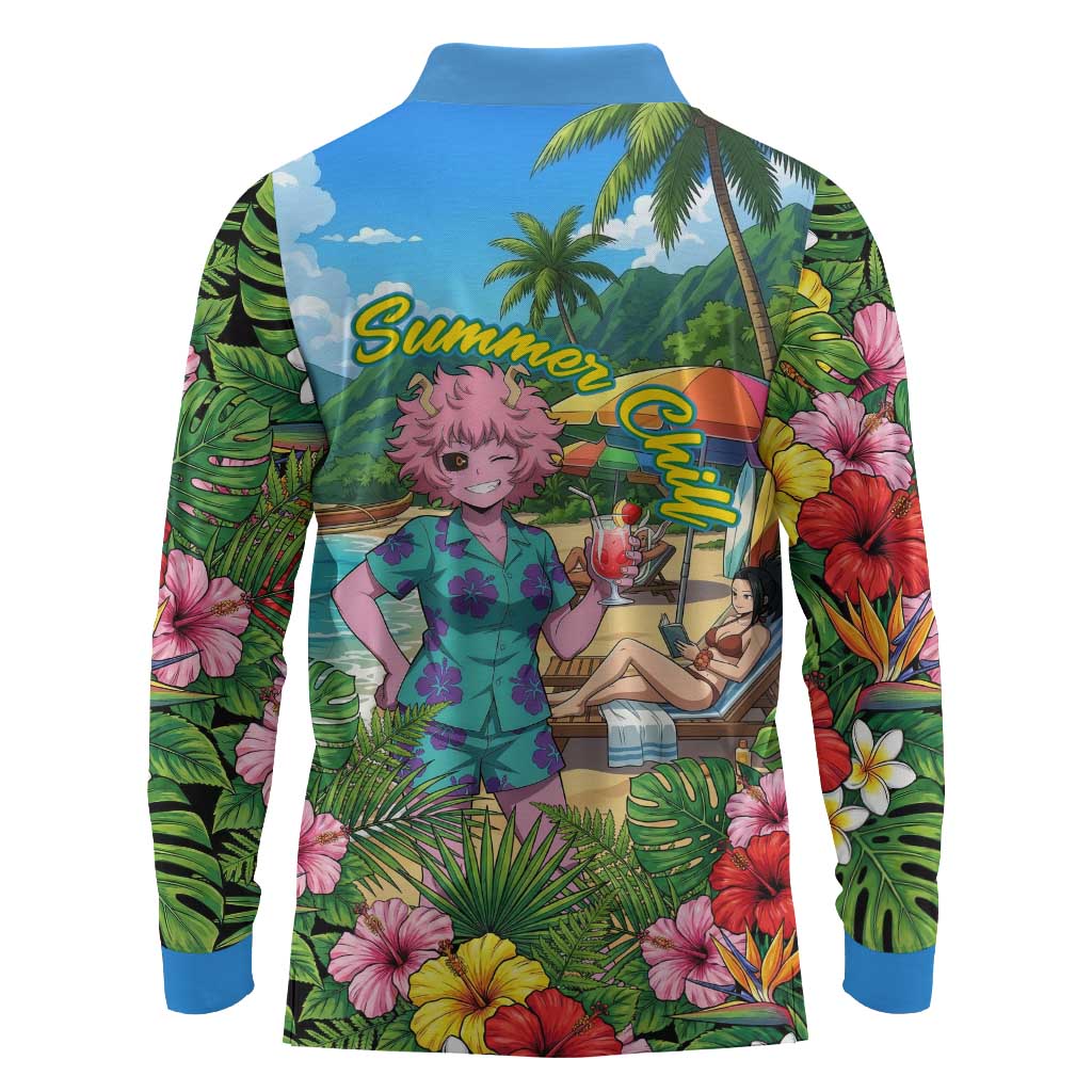 Mina Ashido Summer Chill Long Sleeve Polo Shirt Tropical Anime Cocktail Vibes
