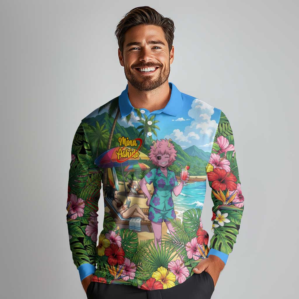 Mina Ashido Summer Chill Long Sleeve Polo Shirt Tropical Anime Cocktail Vibes