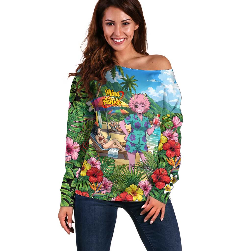 Mina Ashido Summer Chill Off Shoulder Sweater Tropical Anime Cocktail Vibes
