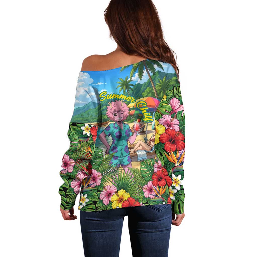 Mina Ashido Summer Chill Off Shoulder Sweater Tropical Anime Cocktail Vibes