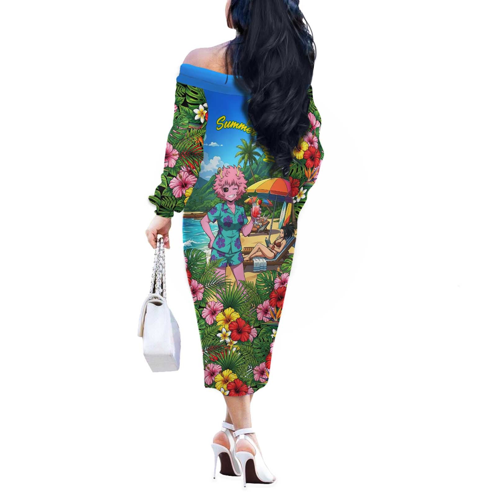 Mina Ashido Summer Chill Off The Shoulder Long Sleeve Dress Tropical Anime Cocktail Vibes