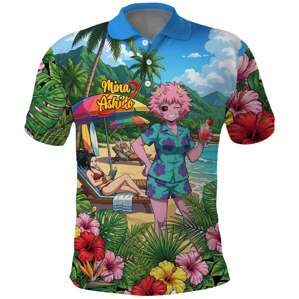 Mina Ashido Summer Chill Polo Shirt Tropical Anime Cocktail Vibes