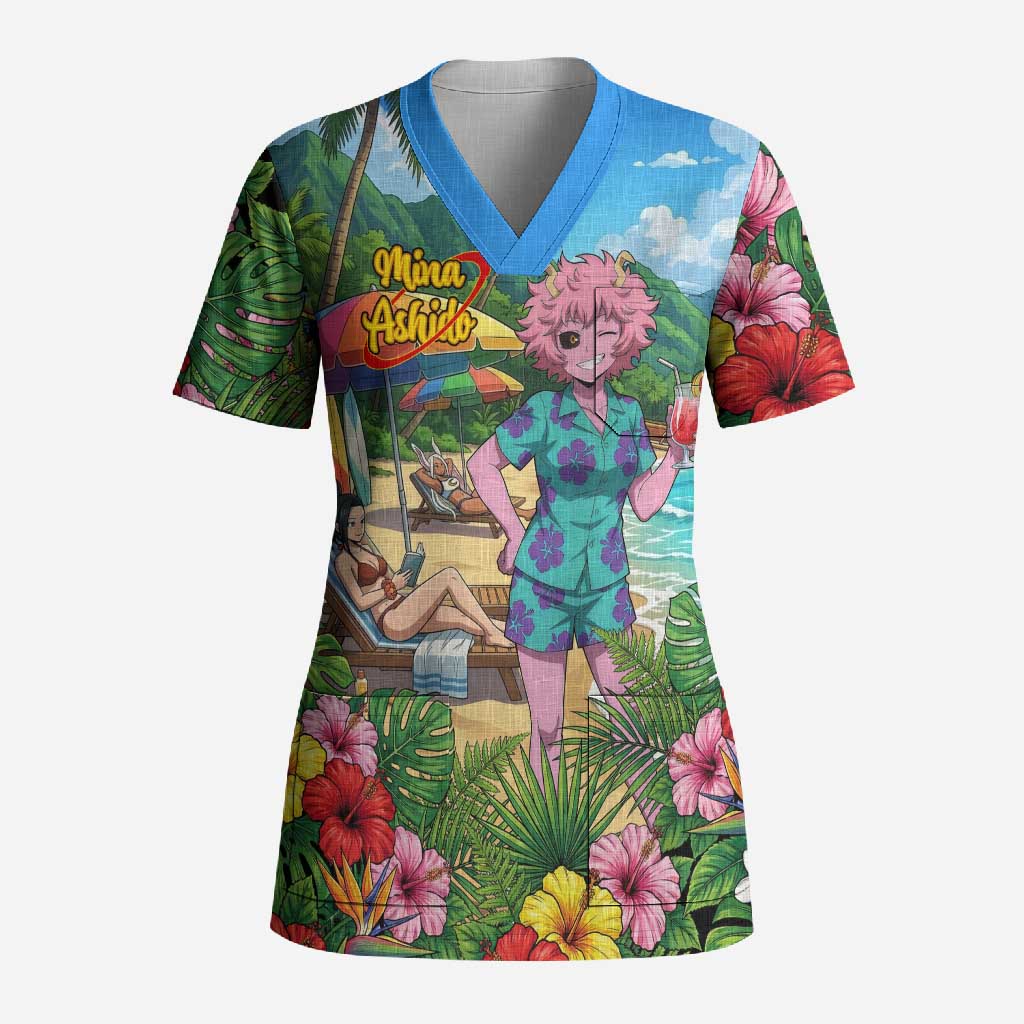 Mina Ashido Summer Chill Scrub Top Tropical Anime Cocktail Vibes