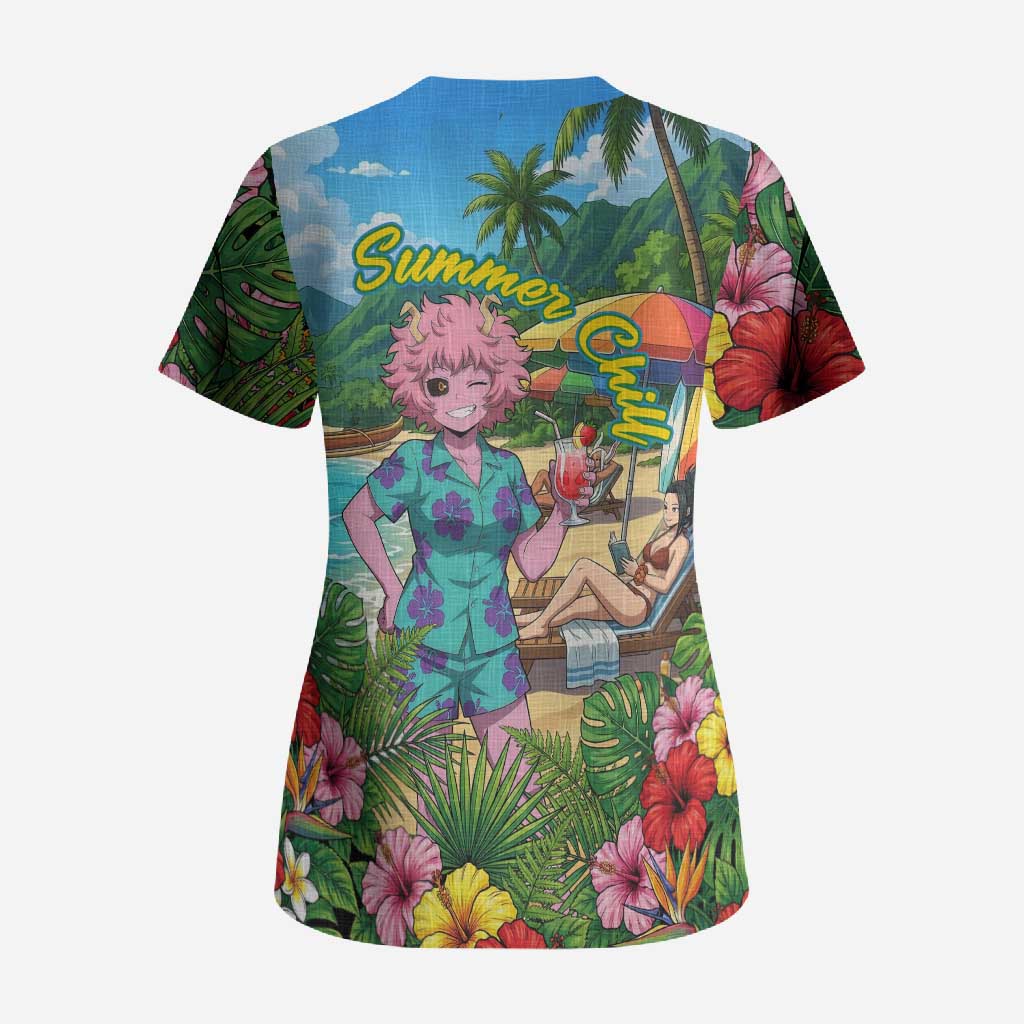 Mina Ashido Summer Chill Scrub Top Tropical Anime Cocktail Vibes
