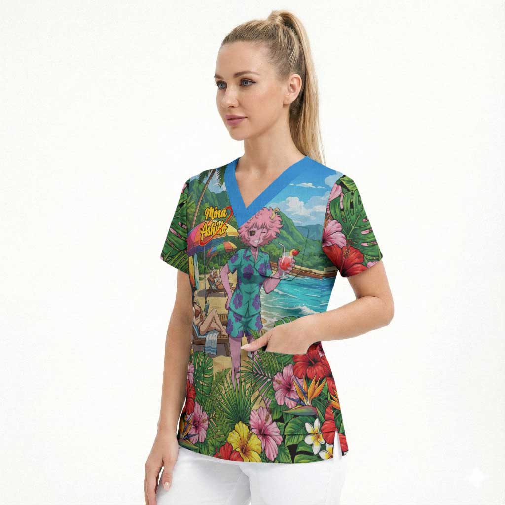Mina Ashido Summer Chill Scrub Top Tropical Anime Cocktail Vibes
