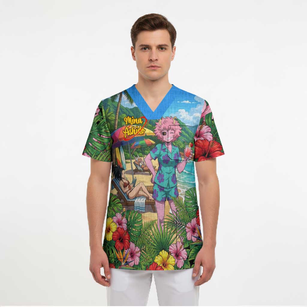 Mina Ashido Summer Chill Scrub Top Tropical Anime Cocktail Vibes