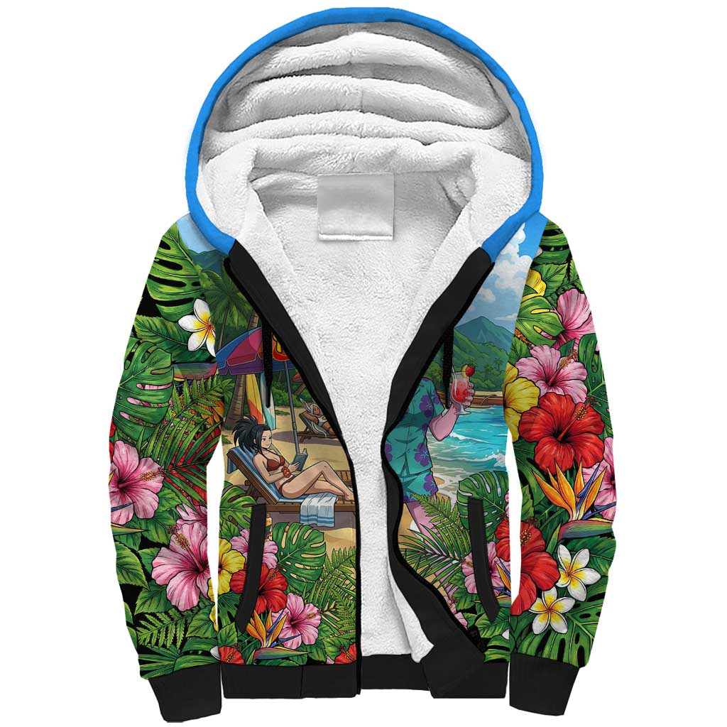 Mina Ashido Summer Chill Sherpa Hoodie Tropical Anime Cocktail Vibes