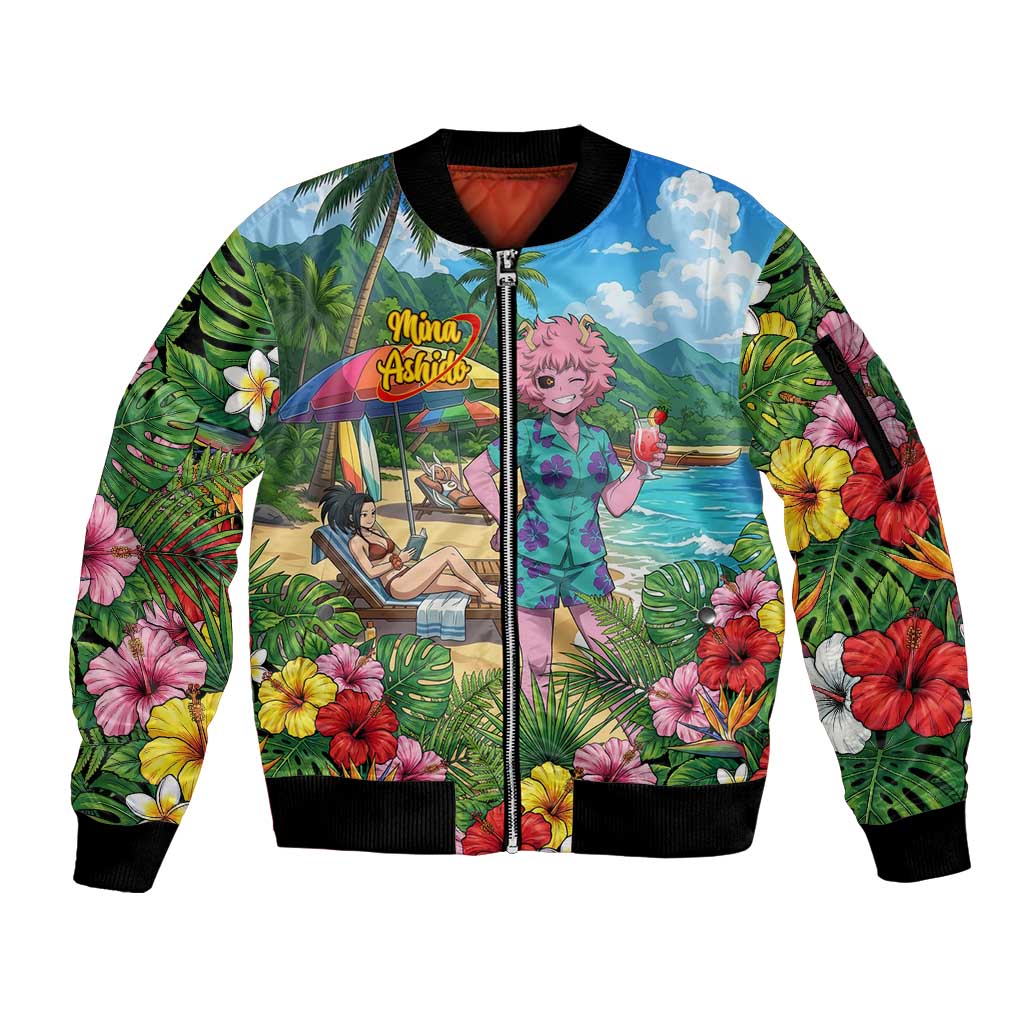 Mina Ashido Summer Chill Sleeve Zip Bomber Jacket Tropical Anime Cocktail Vibes