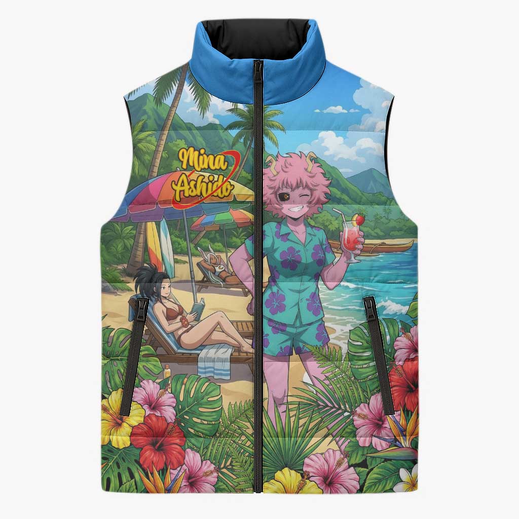 Mina Ashido Summer Chill Sleeveless Puffer Jacket Tropical Anime Cocktail Vibes