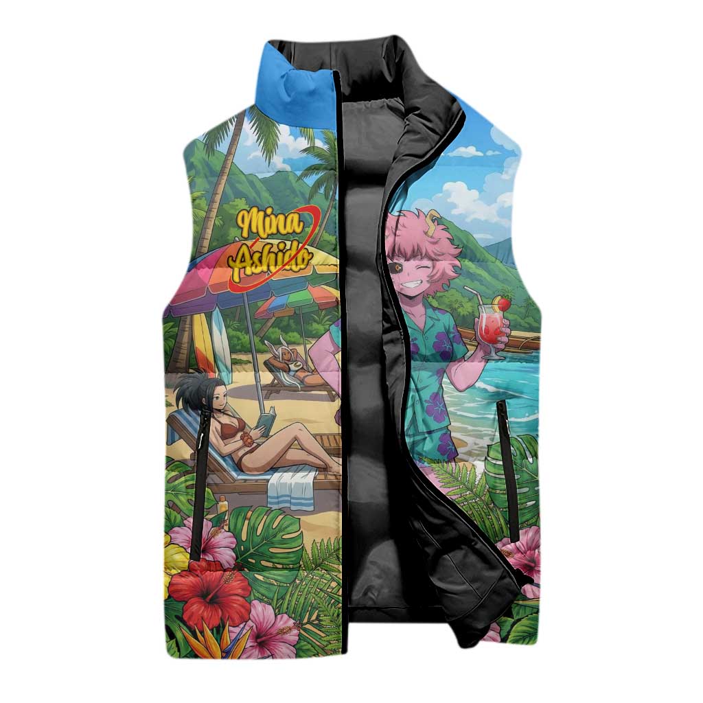 Mina Ashido Summer Chill Sleeveless Puffer Jacket Tropical Anime Cocktail Vibes