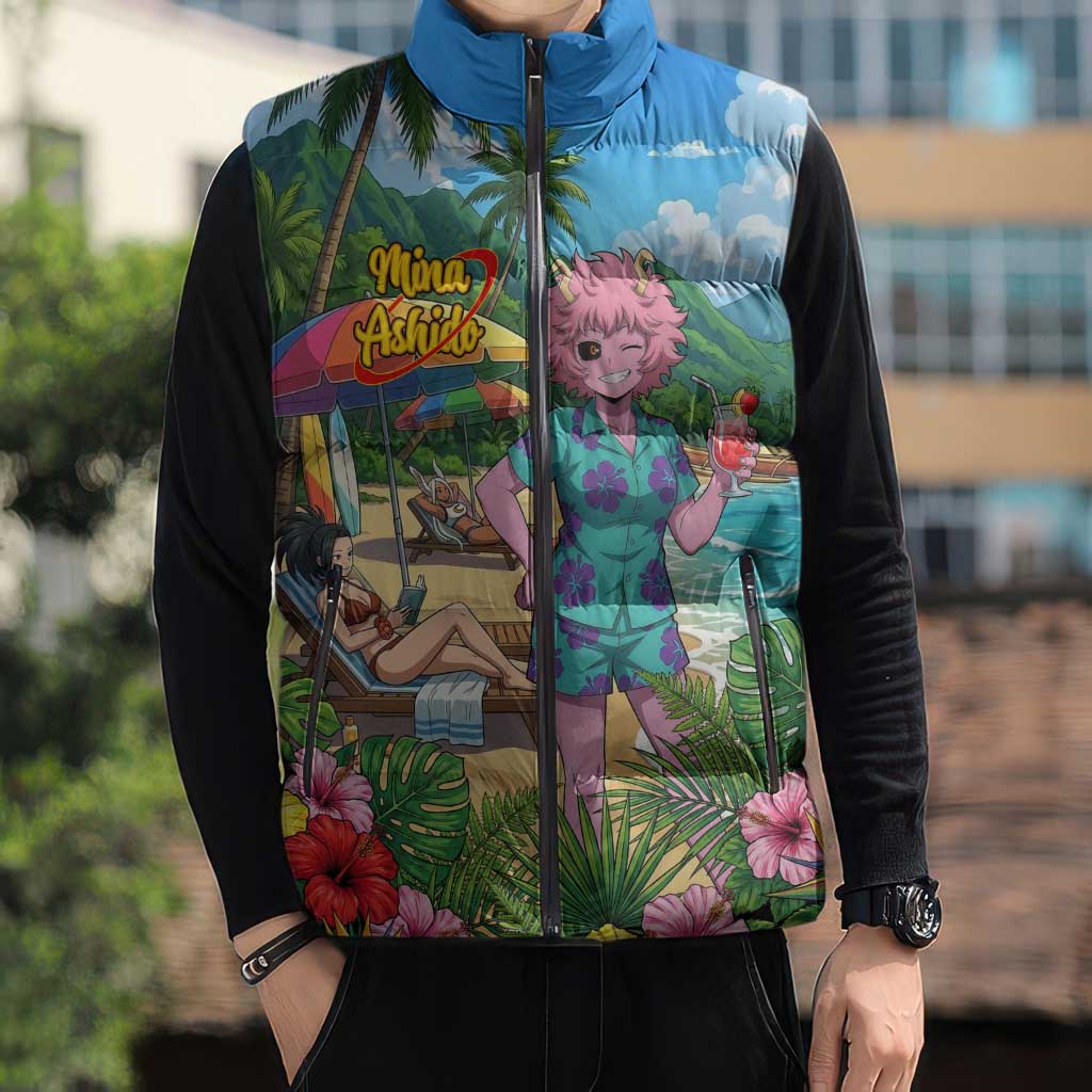 Mina Ashido Summer Chill Sleeveless Puffer Jacket Tropical Anime Cocktail Vibes