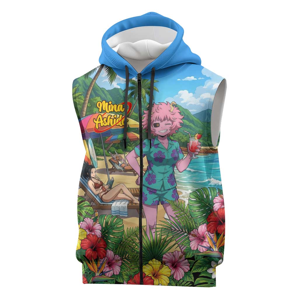 Mina Ashido Summer Chill Sleeveless Zip Hoodie Tropical Anime Cocktail Vibes