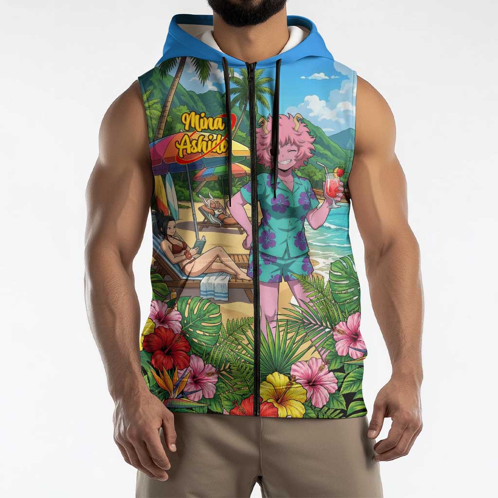 Mina Ashido Summer Chill Sleeveless Zip Hoodie Tropical Anime Cocktail Vibes