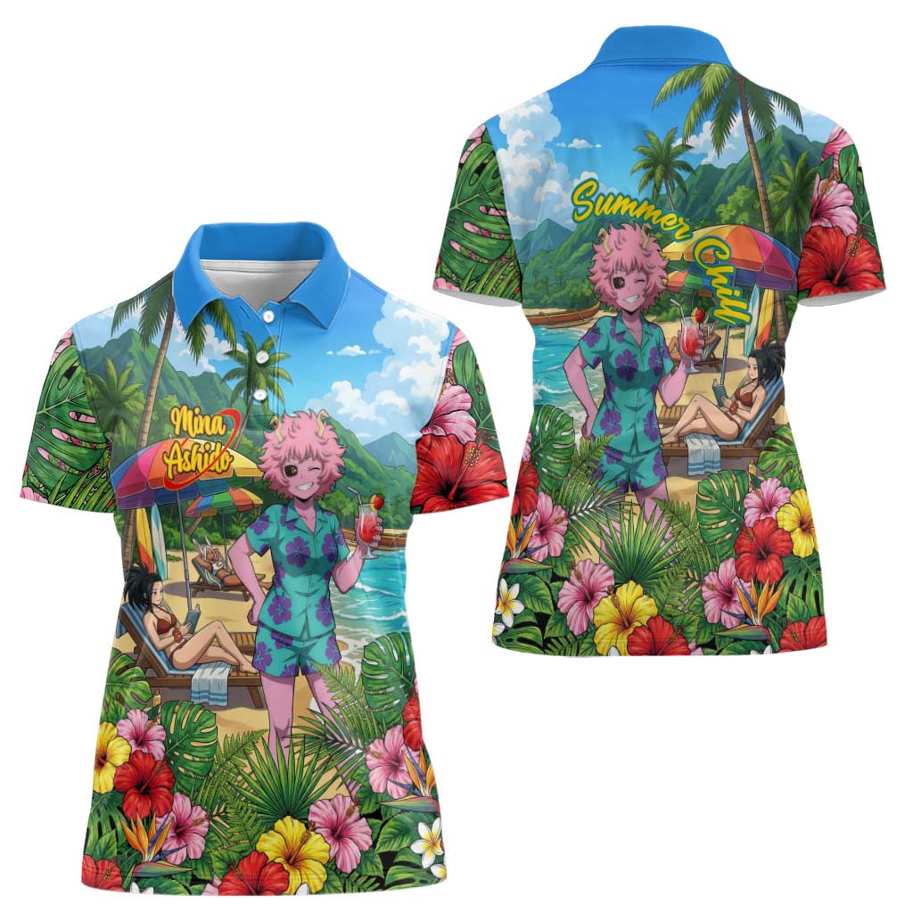 Mina Ashido Summer Chill Women Polo Shirt Tropical Anime Cocktail Vibes