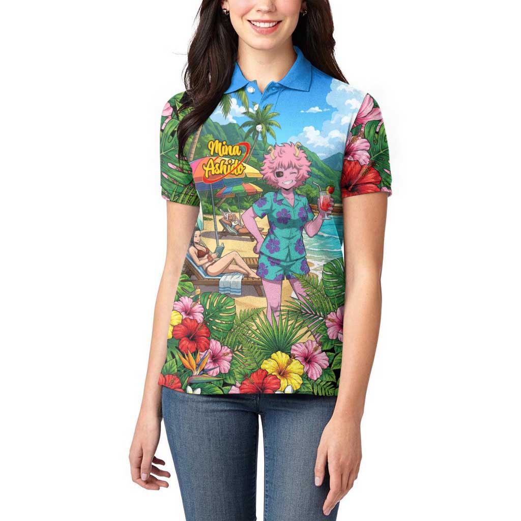 Mina Ashido Summer Chill Women Polo Shirt Tropical Anime Cocktail Vibes
