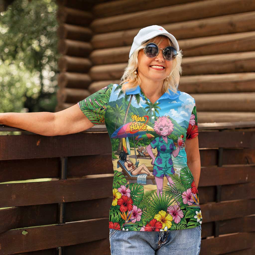Mina Ashido Summer Chill Women Polo Shirt Tropical Anime Cocktail Vibes