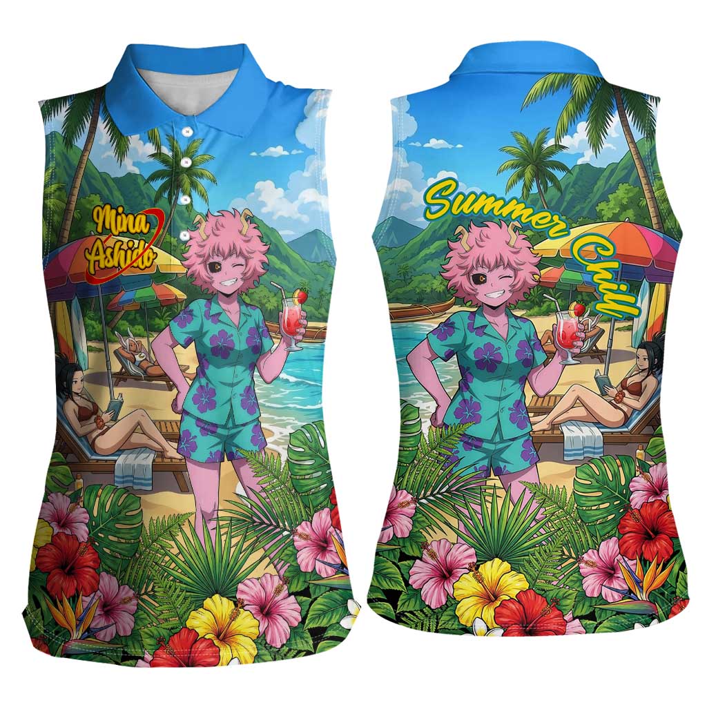 Mina Ashido Summer Chill Women Sleeveless Polo Shirt Tropical Anime Cocktail Vibes