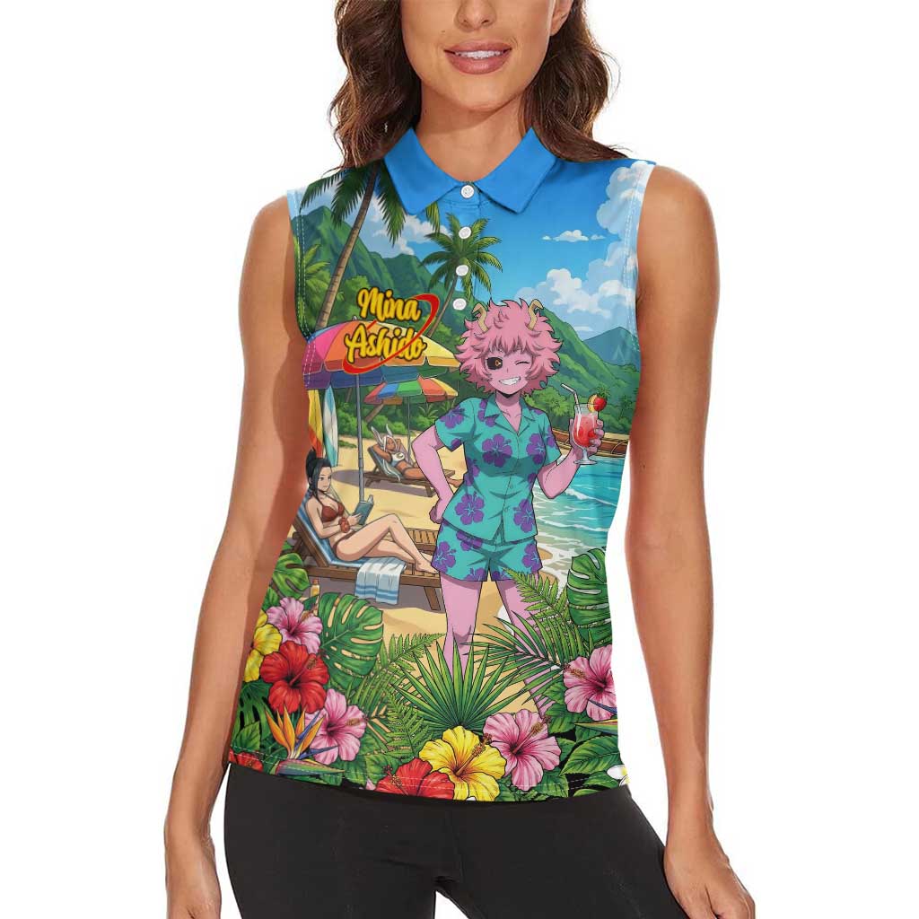 Mina Ashido Summer Chill Women Sleeveless Polo Shirt Tropical Anime Cocktail Vibes