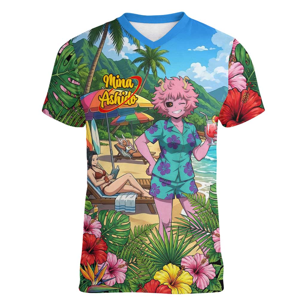 Mina Ashido Summer Chill Women V-Neck T-Shirt Tropical Anime Cocktail Vibes