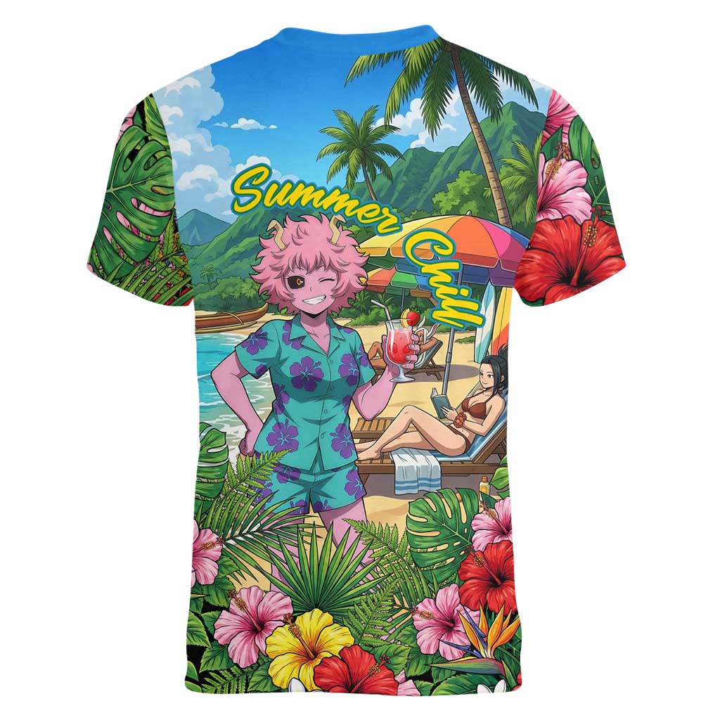 Mina Ashido Summer Chill Women V-Neck T-Shirt Tropical Anime Cocktail Vibes