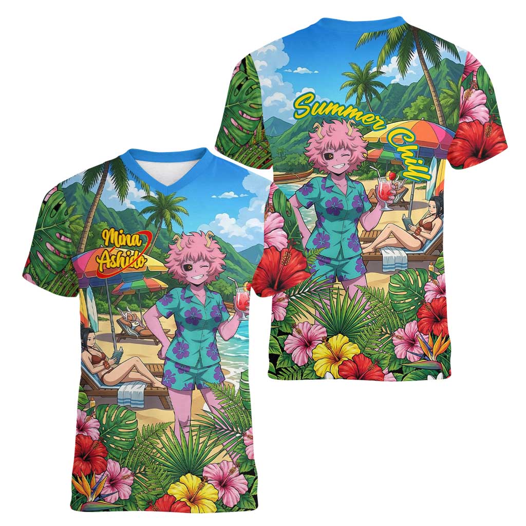 Mina Ashido Summer Chill Women V-Neck T-Shirt Tropical Anime Cocktail Vibes