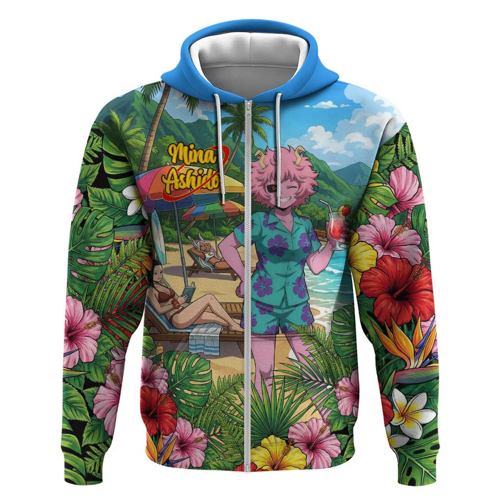 Mina Ashido Summer Chill Zip Hoodie Tropical Anime Cocktail Vibes