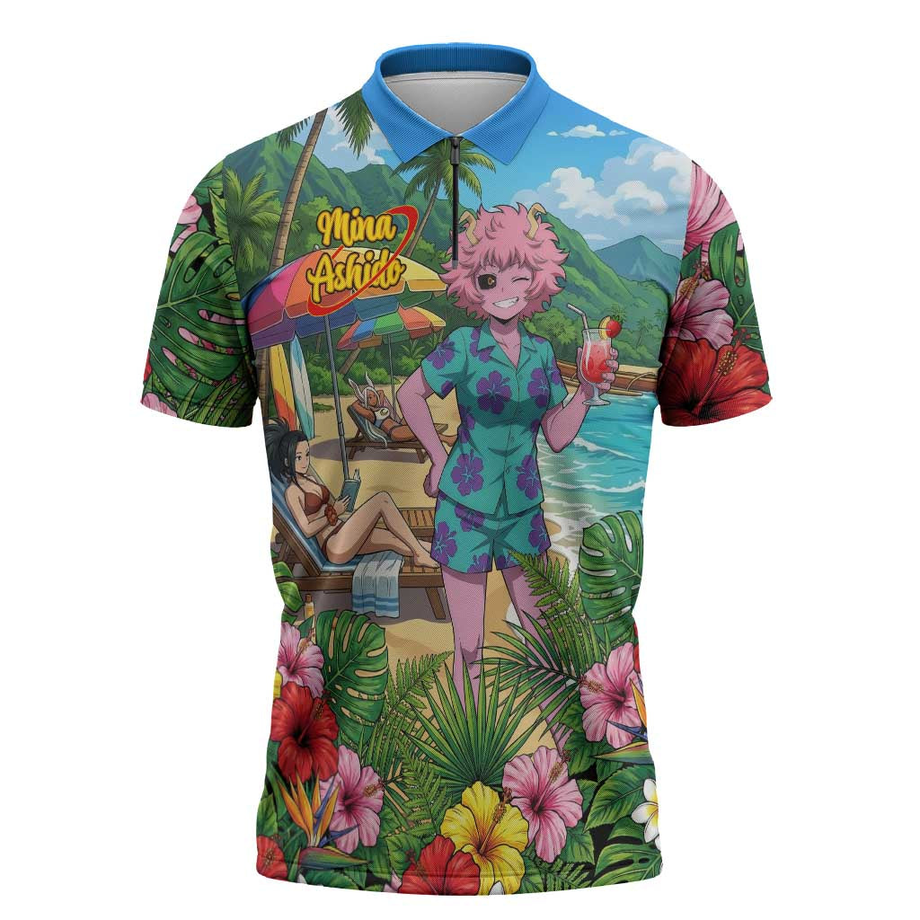 Mina Ashido Summer Chill Zipper Polo Shirt Tropical Anime Cocktail Vibes