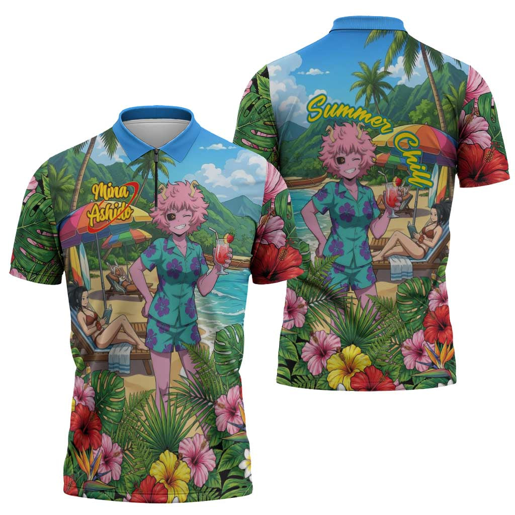 Mina Ashido Summer Chill Zipper Polo Shirt Tropical Anime Cocktail Vibes