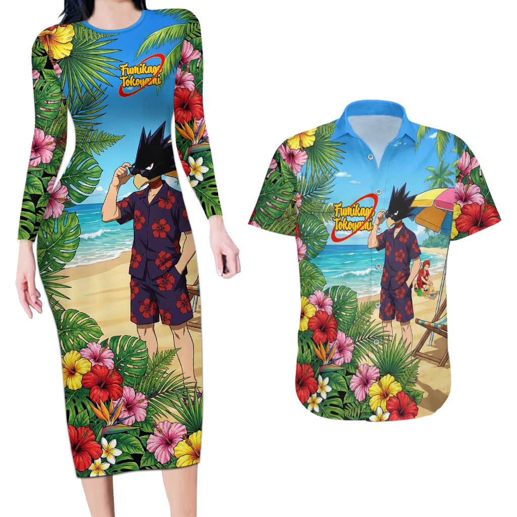 Fumikage Tokoyami Summer Chill Couples Matching Long Sleeve Bodycon Dress and Hawaiian Shirt Tropical Anime Beach Mood