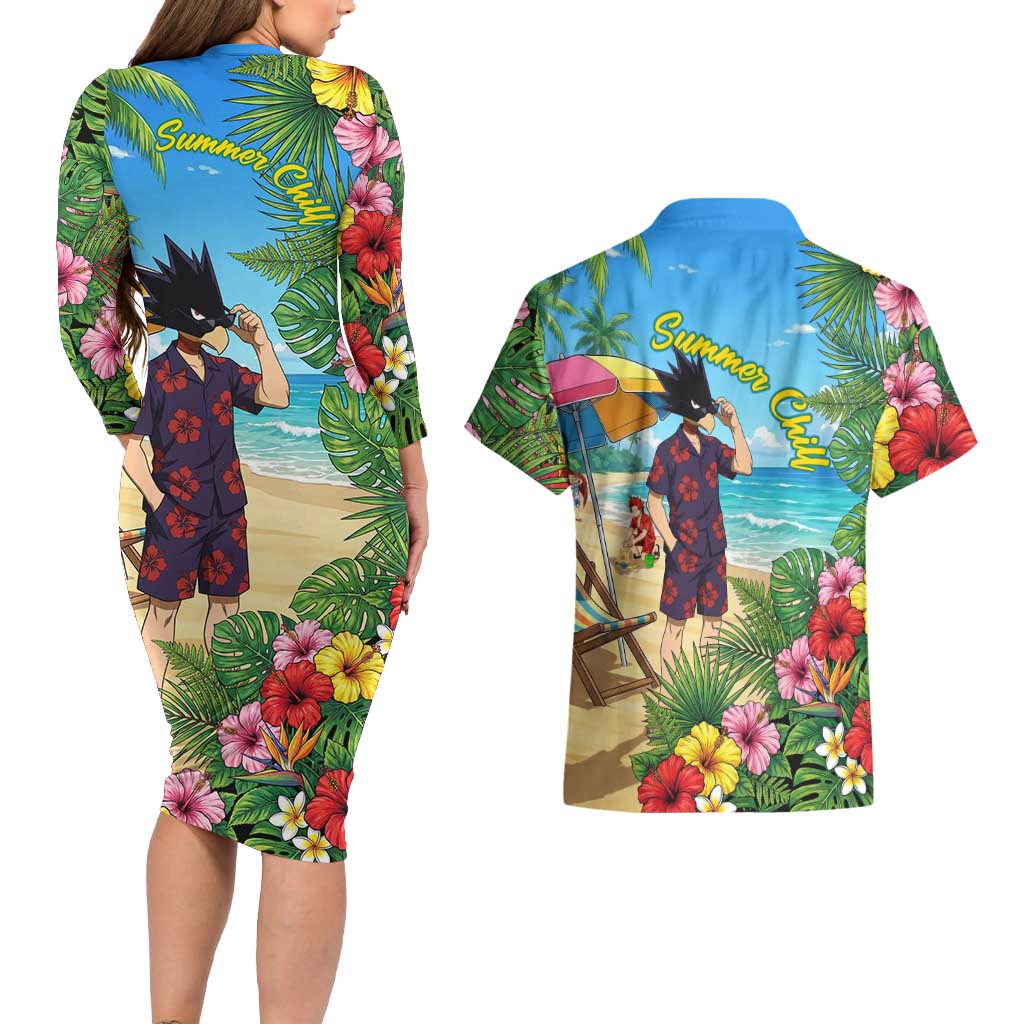 Fumikage Tokoyami Summer Chill Couples Matching Long Sleeve Bodycon Dress and Hawaiian Shirt Tropical Anime Beach Mood