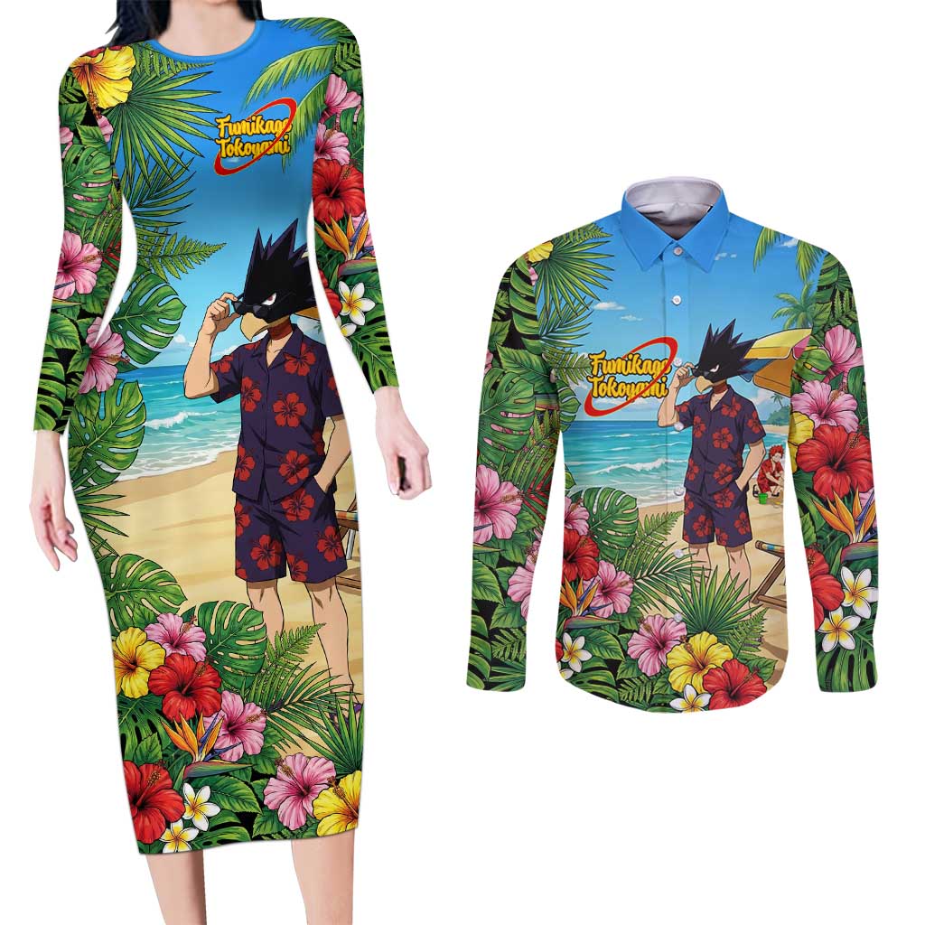Fumikage Tokoyami Summer Chill Couples Matching Long Sleeve Bodycon Dress and Long Sleeve Button Shirt Tropical Anime Beach Mood