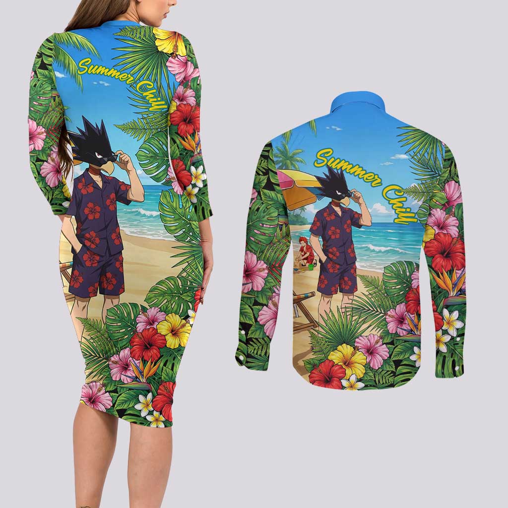 Fumikage Tokoyami Summer Chill Couples Matching Long Sleeve Bodycon Dress and Long Sleeve Button Shirt Tropical Anime Beach Mood