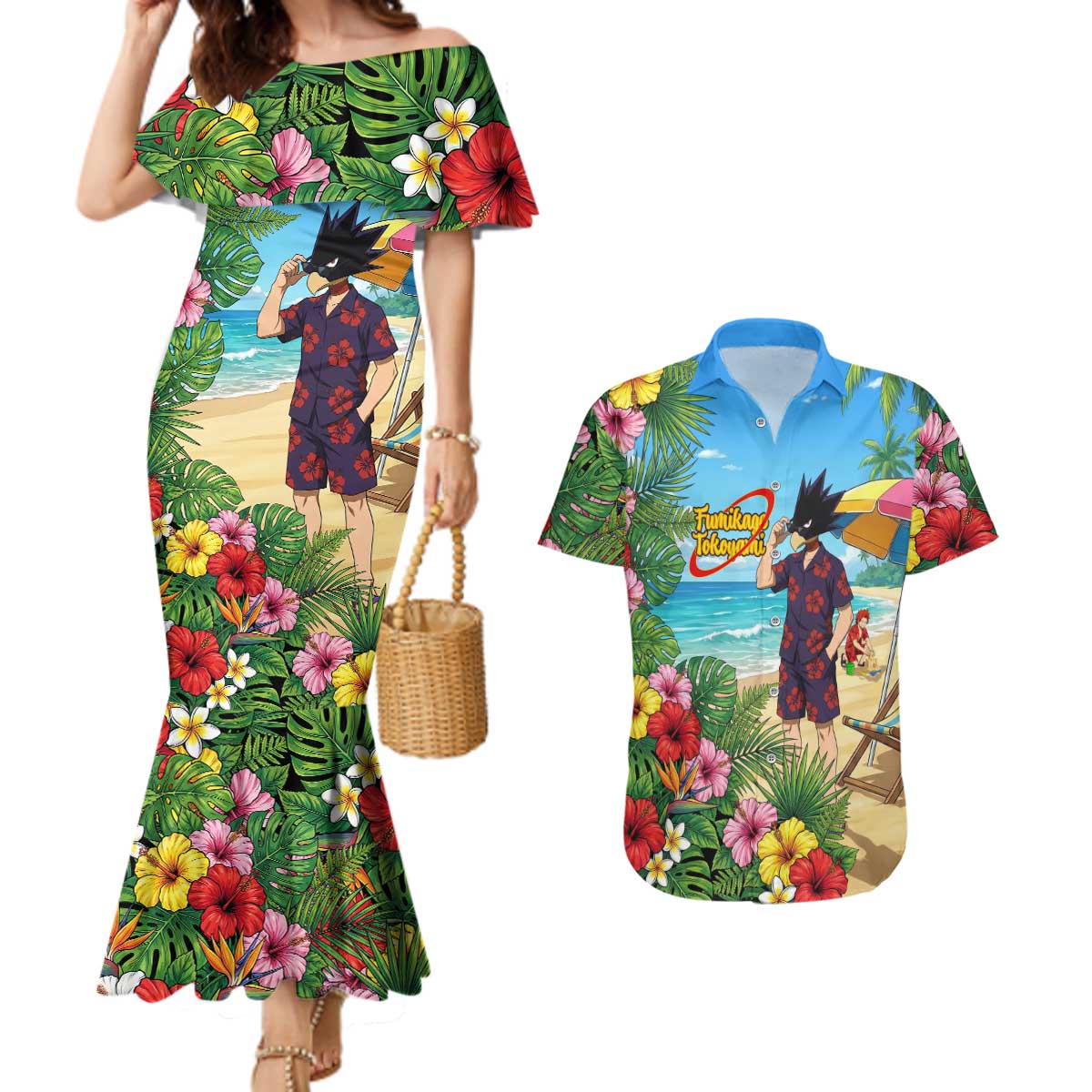 Fumikage Tokoyami Summer Chill Couples Matching Mermaid Dress and Hawaiian Shirt Tropical Anime Beach Mood
