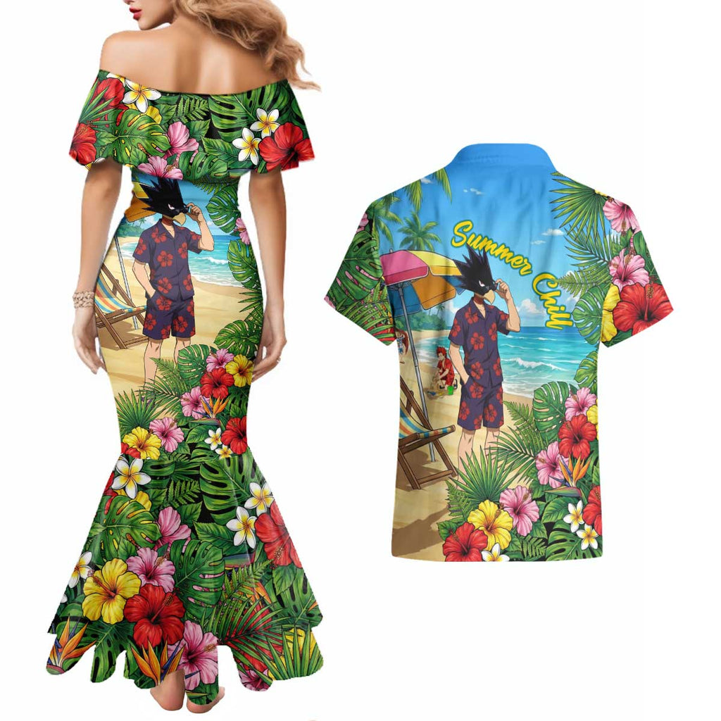 Fumikage Tokoyami Summer Chill Couples Matching Mermaid Dress and Hawaiian Shirt Tropical Anime Beach Mood