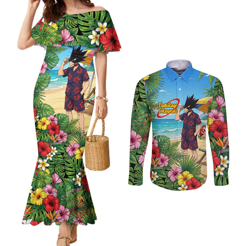 Fumikage Tokoyami Summer Chill Couples Matching Mermaid Dress and Long Sleeve Button Shirt Tropical Anime Beach Mood